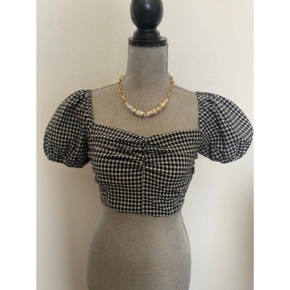 Pink Lily smocked Zip back Crop Balloon sleeve Bustier style top size S